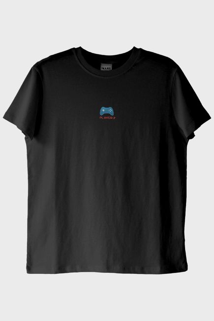Player 2 Joystick Desenli Nakış Siyah T-Shirt - Gamer Çiftler İçin