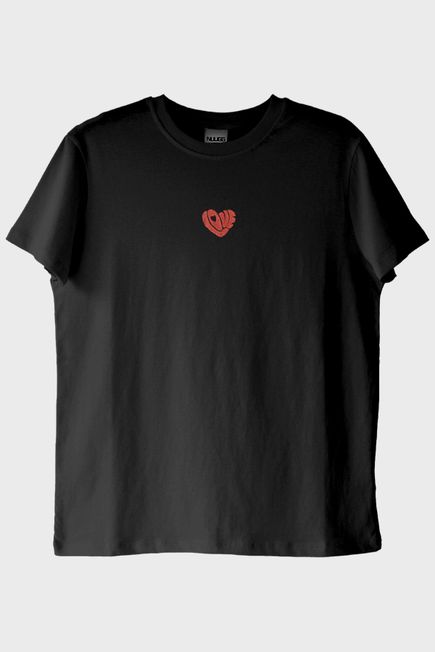Love Kalbi Desenli Nakış Siyah T-Shirt - Sevgililer Günü Tasarımı