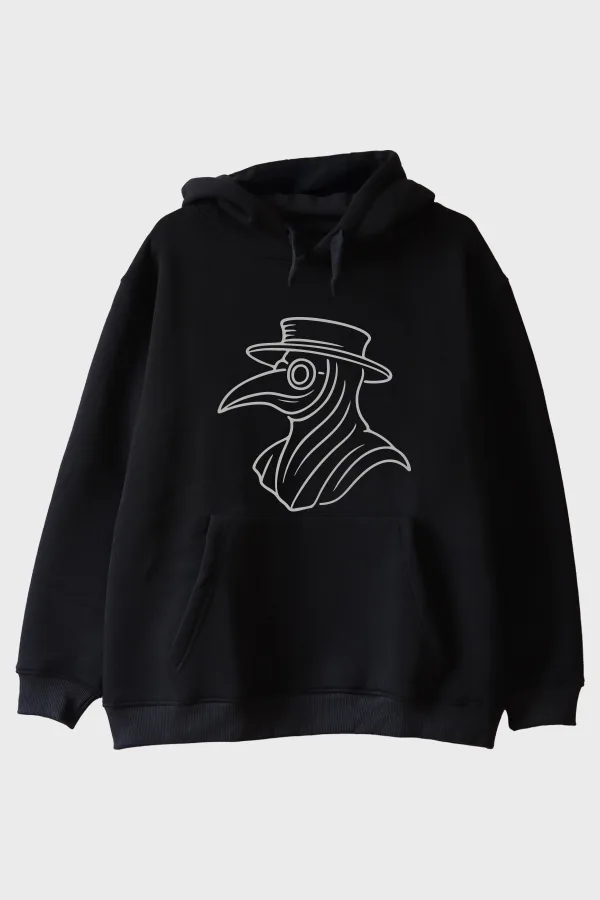 Veba Doktoru Maskesi Baskılı Minimal Siyah Hoodie