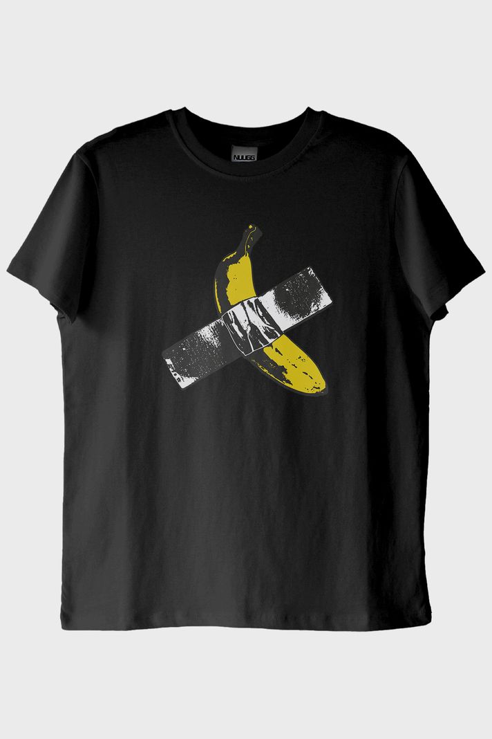 Taped Banana Baskılı Eğlenceli Muz Tasarımlı Siyah Tişört ön görsel