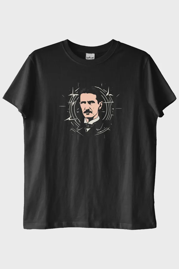 Nikola Tesla İllüstrasyon Baskılı Tasarım Siyah Tişört