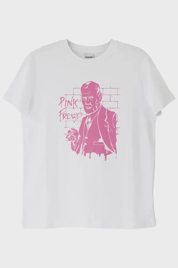 Pink Freud Baskılı Mizahi Tasarım Beyaz Tişört