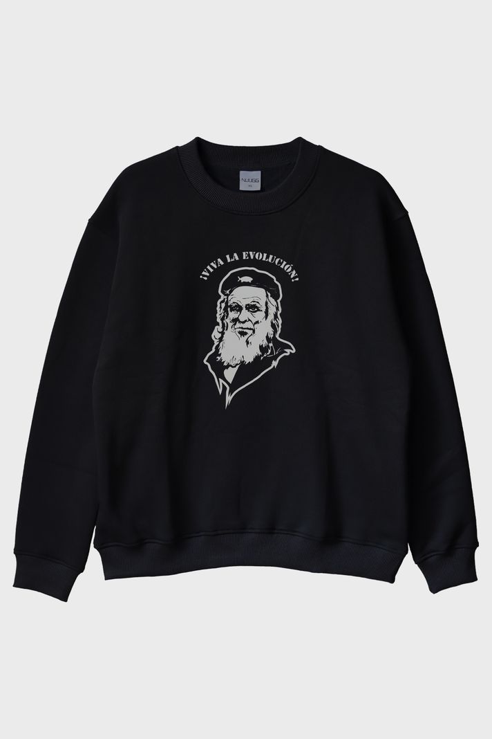 ¡Viva la Evolución! Baskılı Bilim Temalı Siyah Bisiklet Yaka Sweatshirt ön görsel