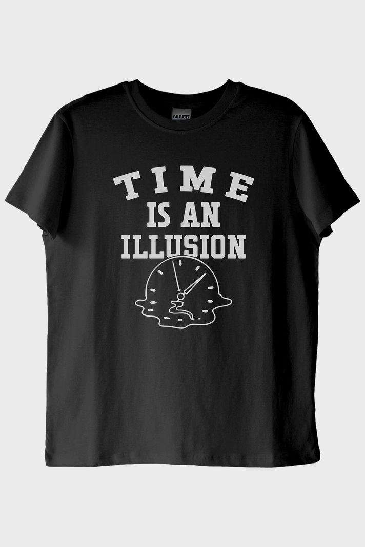 Time is an Illusion Baskılı Minimalist Siyah Tişört ön görsel