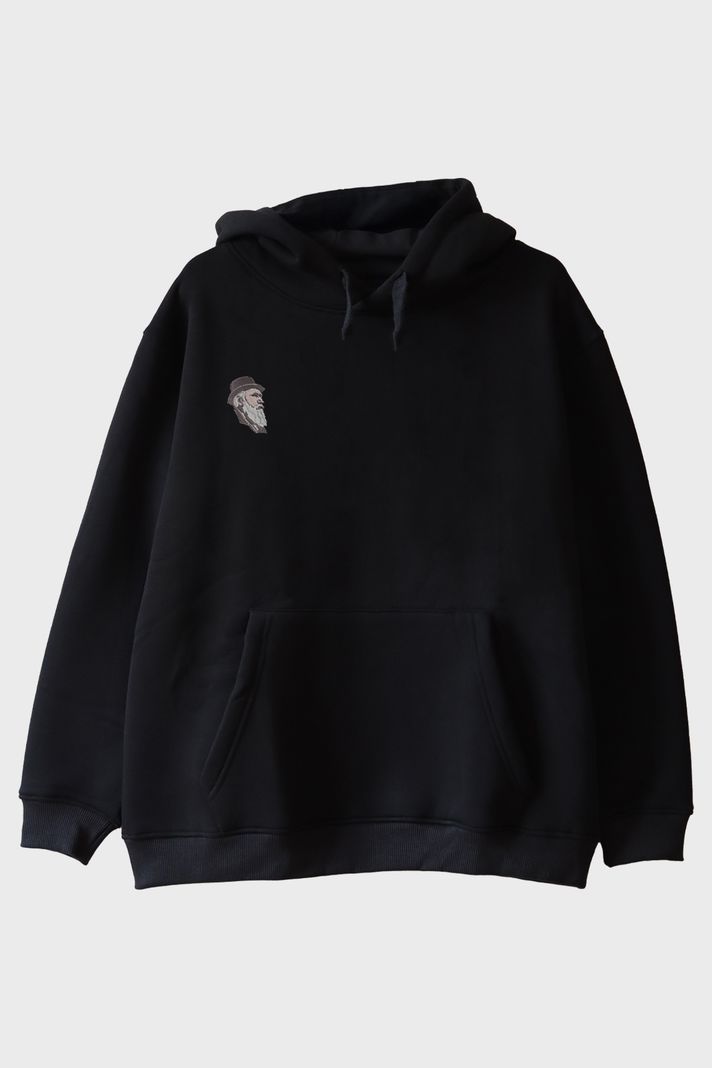 Charles Darwin Desenli Nakış Hoodie ön görsel