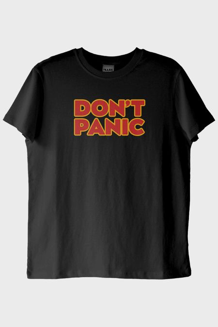 Don't Panic Baskılı Mizahi Siyah Tişört