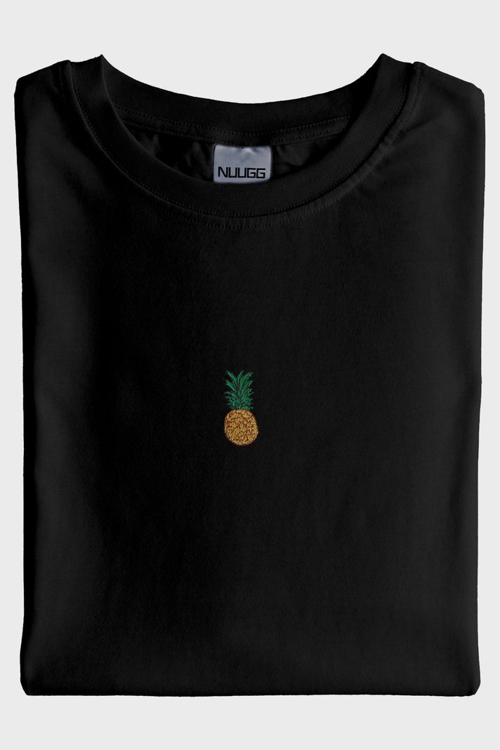 Ananas Desenli Nakış Siyah Tişört - 4. görsel