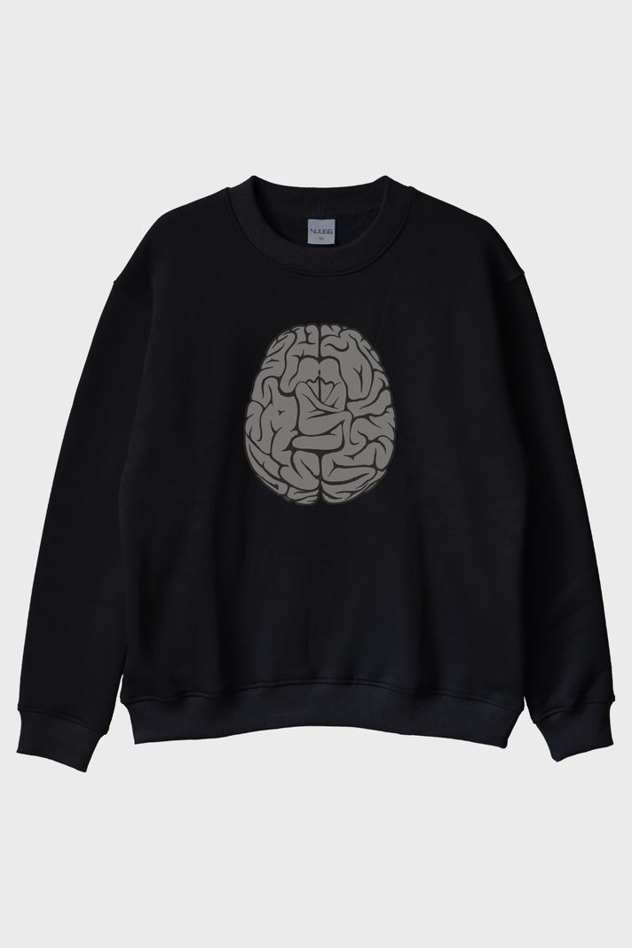 Beyin Grafikli Baskılı Siyah Bisiklet Yaka Sweatshirt ön görsel