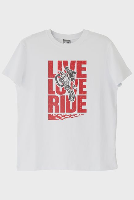 Live Love Ride Baskılı Motosiklet Beyaz Tişört