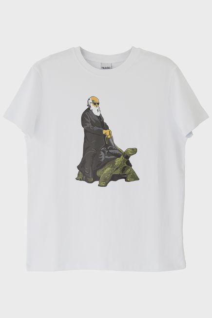 Kaplumbağa Darvin Baskılı Bilimsel Beyaz T-Shirt