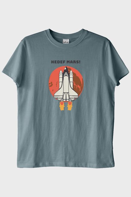 HEDEF MARS! Baskılı Uzay Temalı Mavi Tişört