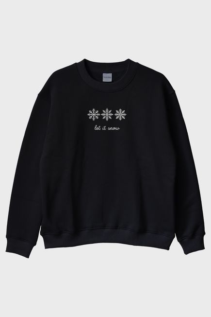 Kar Tanesi Desenli Siyah Bisiklet Yaka Sweatshirt