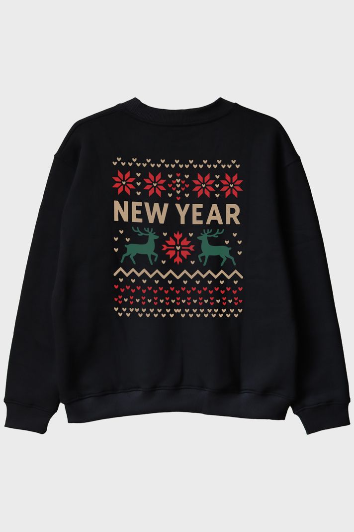Yeni Yıl Motifli Siyah Bisiklet Yaka Sweatshirt arka görsel