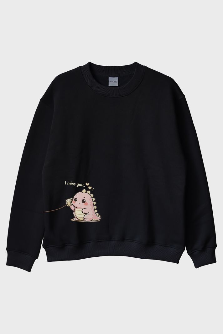 I Miss You Dinozor Siyah Bisiklet Yaka Sweatshirt ön görsel