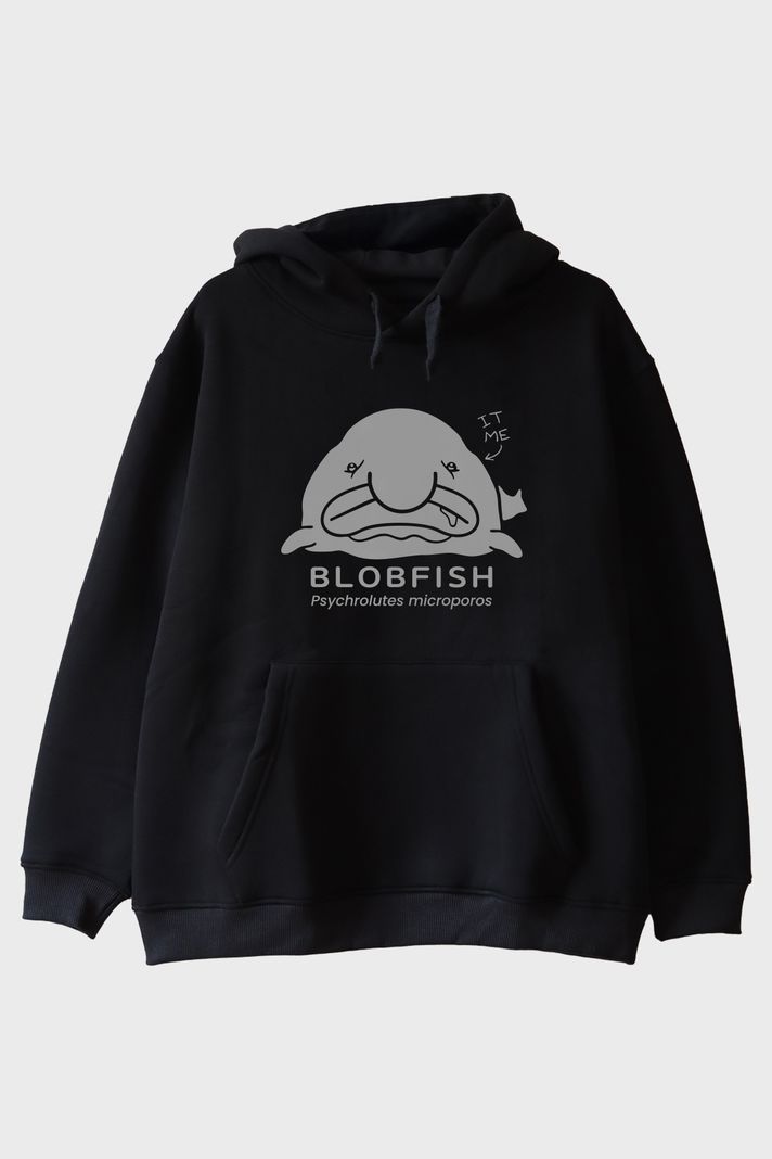 IT ME Baskılı Blobfish Tasarım Siyah Hoodie ön görsel