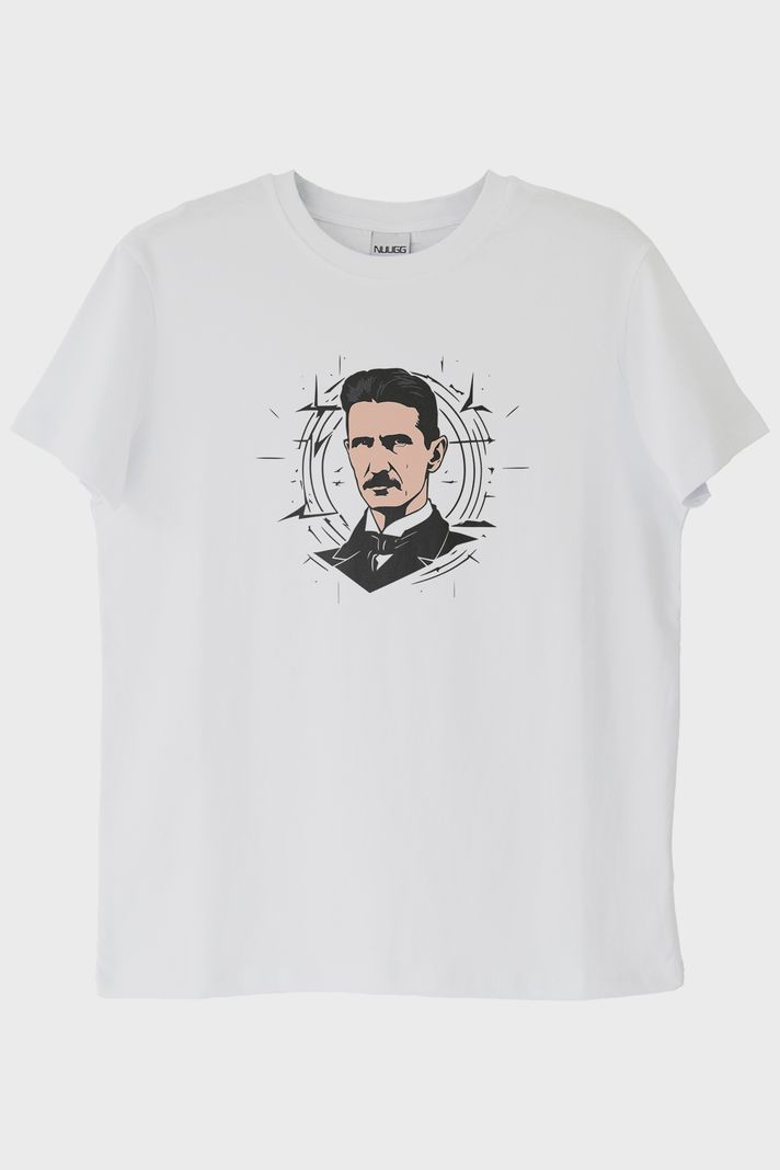 Nikola Tesla İllüstrasyon Baskılı Tasarım Beyaz Tişört ön görsel
