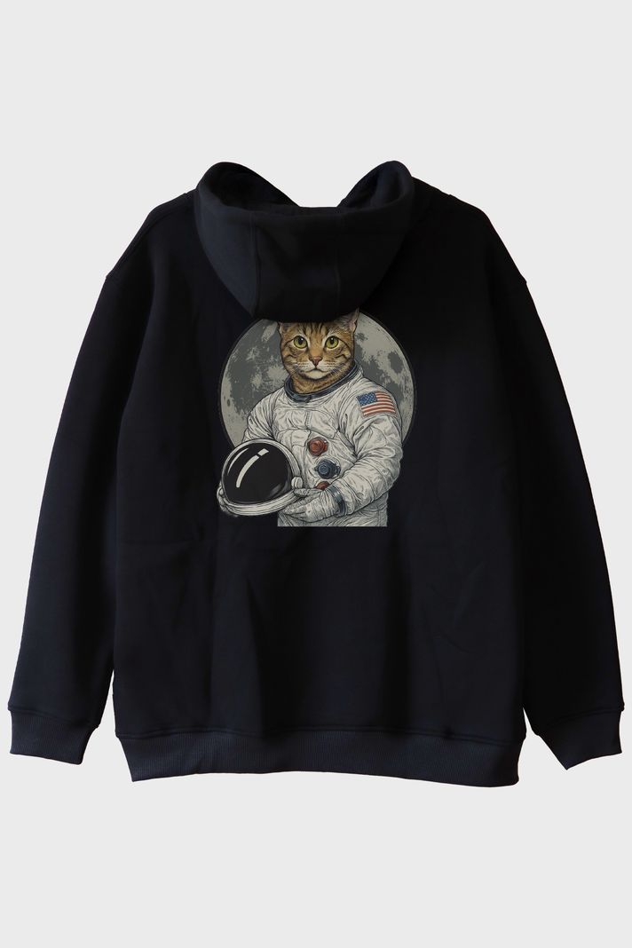 Astronot Kedi Siyah Hoodie arka görsel