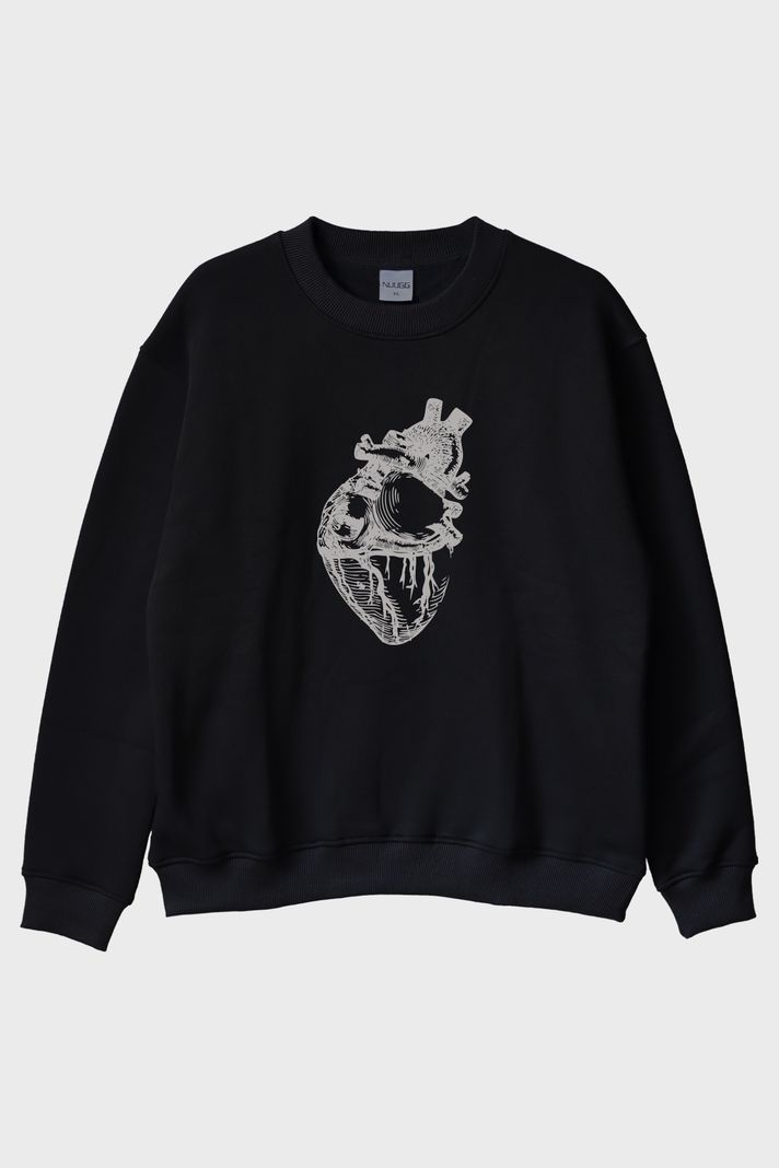 Kalp Anatomi Çizimli Minimalist Baskılı Siyah Bisiklet Yaka Sweatshirt ön görsel