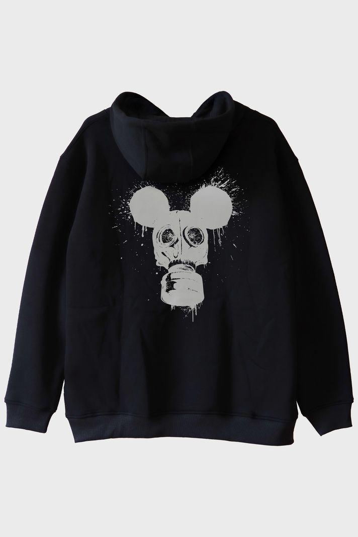 Gaz Maskesi ve Mouse Kulakları Tasarımlı Siyah Siyah Hoodie arka görsel