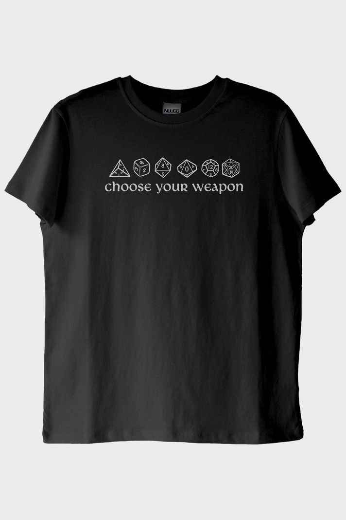 Choose Your Weapon Zar Tasarımlı Oyun Baskılı Siyah Tişört ön görsel