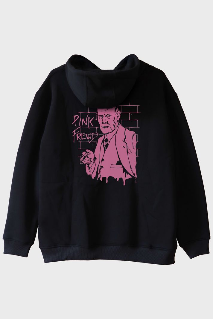 Pink Freud Baskılı Mizahi Tasarım Siyah Hoodie arka görsel