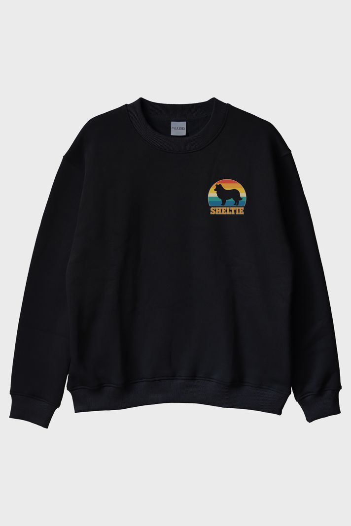 Sheltie Baskılı Retro Köpek Tasarımlı Siyah Bisiklet Yaka Sweatshirt ön görsel
