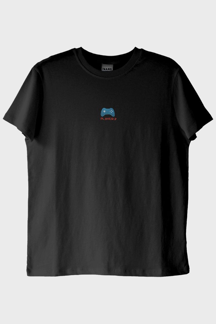 Player 2 Joystick Desenli Nakış Siyah T-Shirt - Gamer Çiftler İçin ön görsel