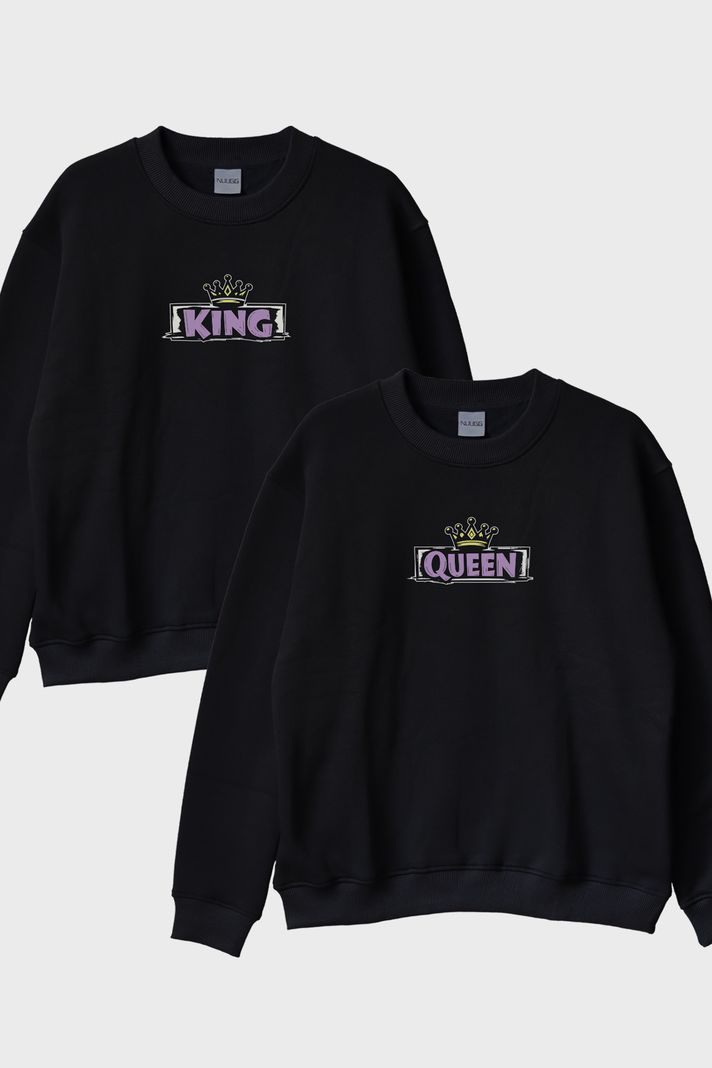Queen King Çift Siyah Bisiklet Yaka Sweatshirtleri ön görsel