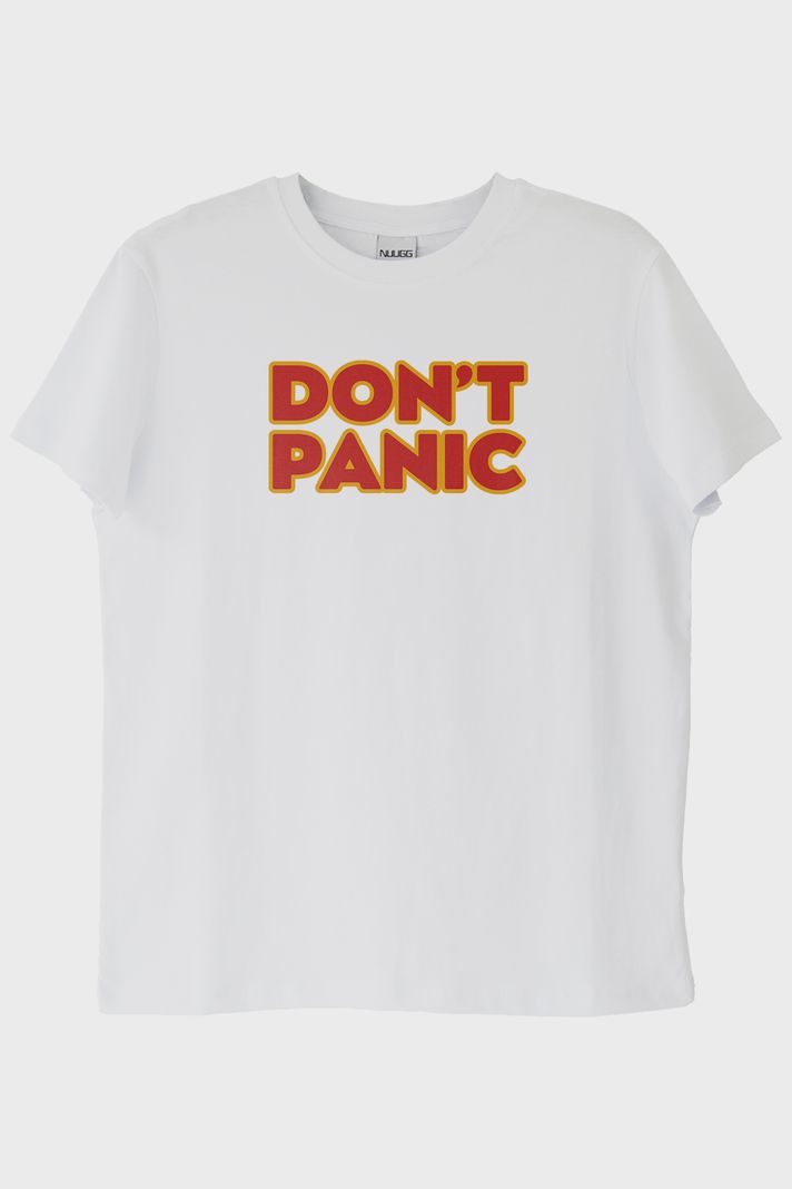 Don't Panic Baskılı Mizahi Beyaz Tişört ön görsel