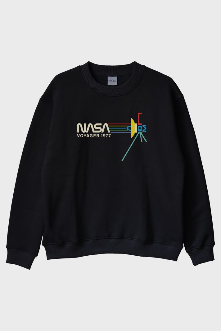 Retro NASA Voyager 1977 Vintage Uzay Siyah Bisiklet Yaka Sweatshirtü ön görsel