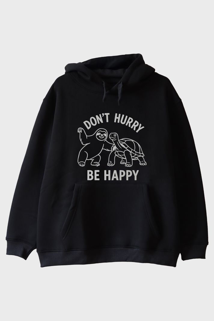 Don't Hurry Be Happy Baskılı Tembellik ve Kaplumbağa Siyah Hoodie ön görsel