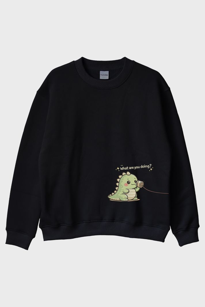 Tatlı Dinozor Çift Siyah Bisiklet Yaka Sweatshirtleri - 4. görsel