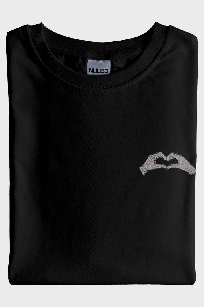 Sol El Kalp Desenli Nakış Siyah T-Shirt - Sevgililer Günü Çift Tişörtleri - 4. görsel