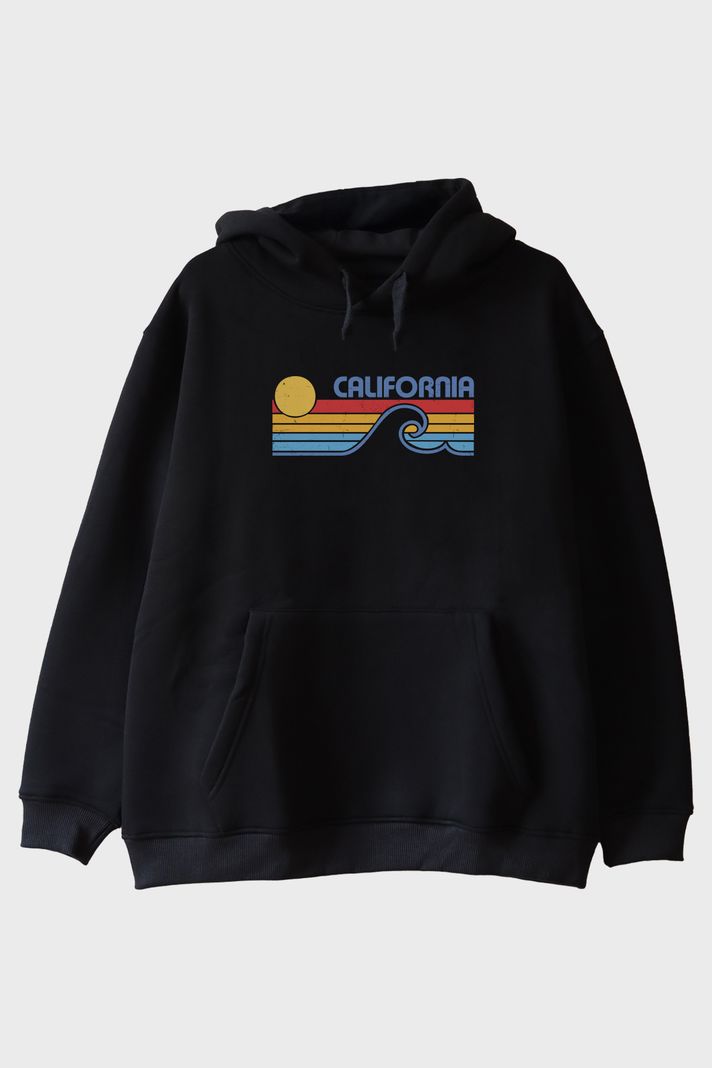 California Retro Dalga Baskılı Tasarım Siyah Hoodie ön görsel