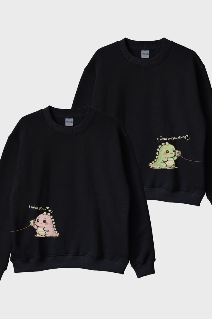 Tatlı Dinozor Çift Siyah Bisiklet Yaka Sweatshirtleri ön görsel