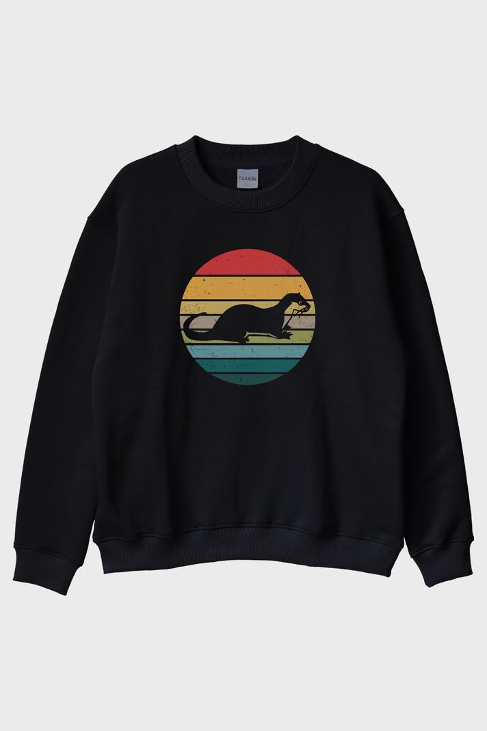 Koşan Susamuru Baskılı Retro Tasarım Siyah Bisiklet Yaka Sweatshirt ön görsel