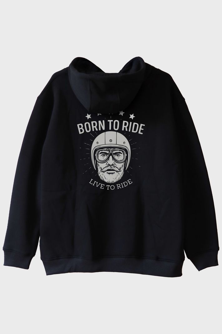 Born to Ride Live To Road Baskılı Motosiklet Temalı Siyah Hoodie arka görsel