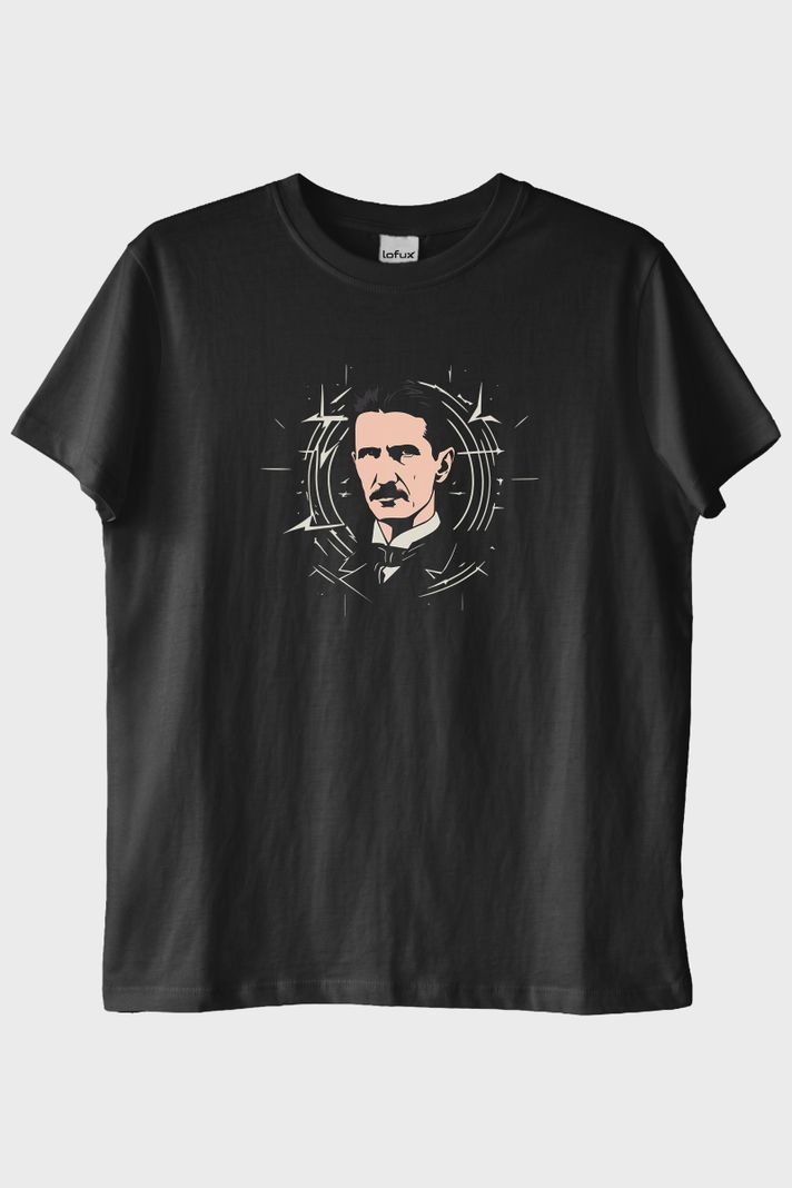 Nikola Tesla İllüstrasyon Baskılı Tasarım Siyah Tişört ön görsel