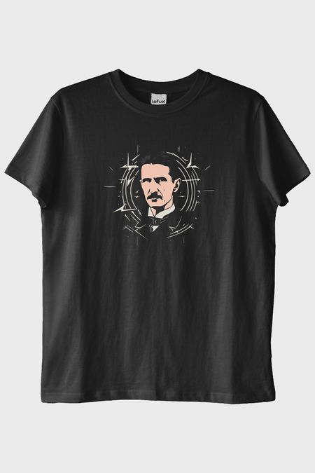 Nikola Tesla İllüstrasyon Baskılı Tasarım Siyah Tişört