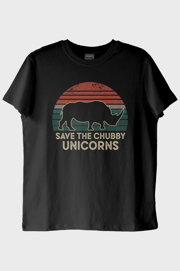 Save the Chubby Unicorns Retro Gergedan Baskılı Siyah Tişört ön görsel