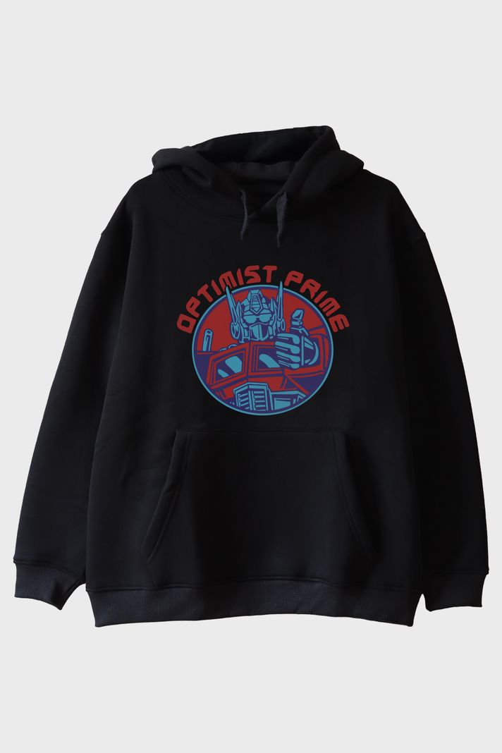OPTIMIST PRIME Tasarımlı Robot Baskılı Siyah Hoodie ön görsel