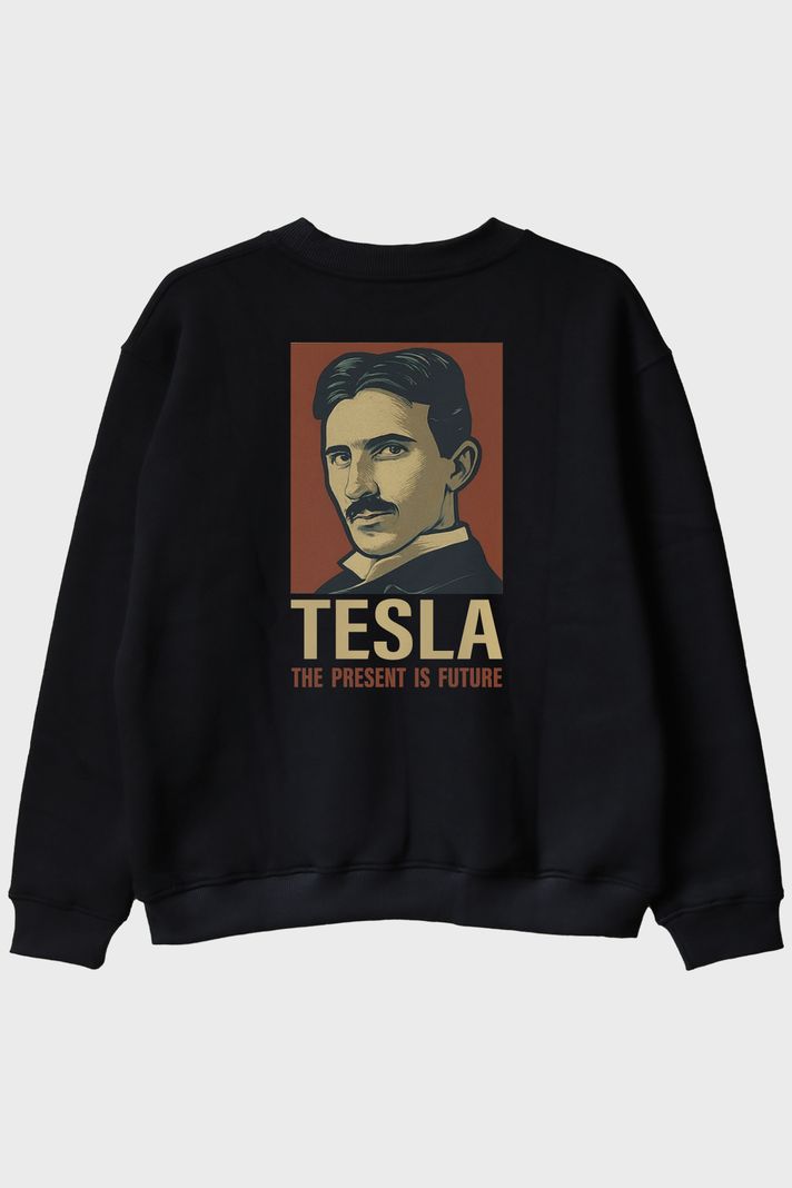 Tesla Slogan Siyah Bisiklet Yaka Sweatshirt - 2. görsel