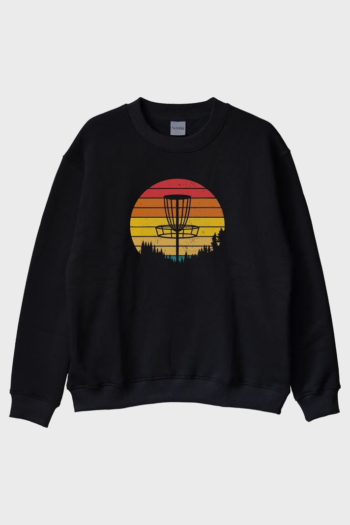 Retro Güneş Batışı Tasarımlı Disk Golf Sepetli Siyah Bisiklet Yaka Sweatshirt ön görsel