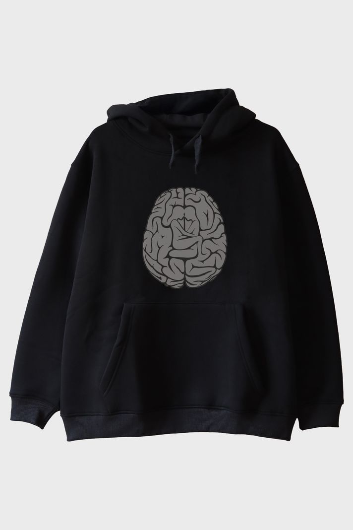 Beyin Grafikli Baskılı Siyah Hoodie ön görsel