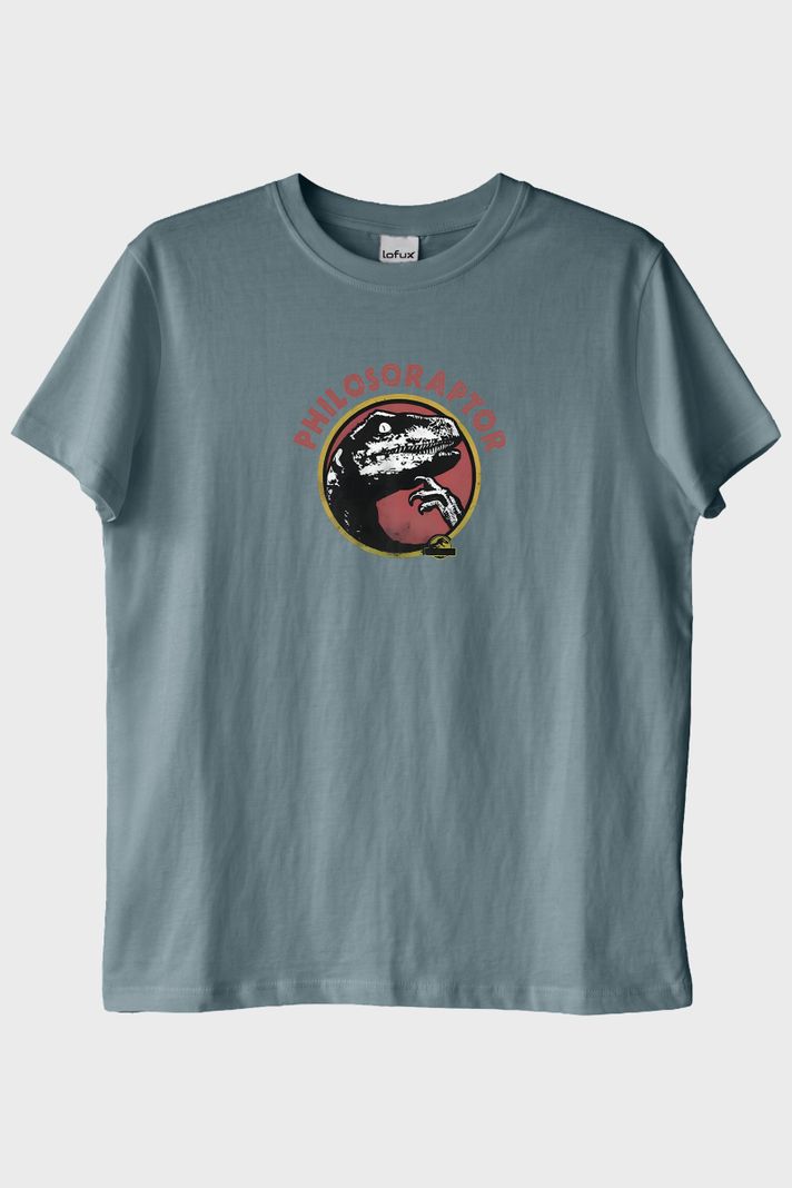 Philosoraptor Baskılı Retro Dinozor Tasarımlı Mavi Tişört ön görsel