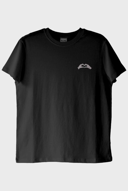 Sol El Kalp Desenli Nakış Siyah T-Shirt - Sevgililer Günü Çift Tişörtleri