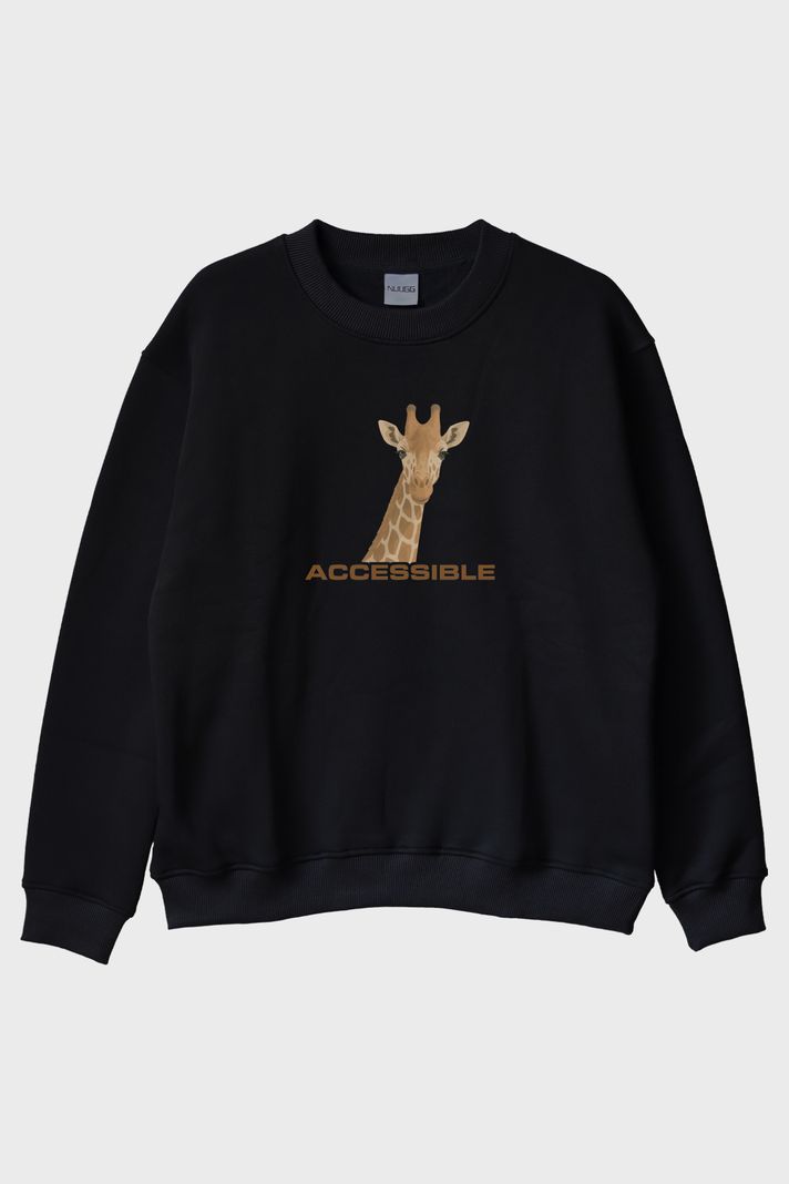 Accessible Zürafa İllüstrasyonlu Baskılı Siyah Bisiklet Yaka Sweatshirt ön görsel