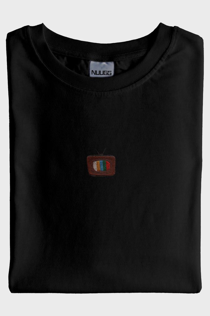 Retro Televizyon Desenli Nakış Siyah T-Shirt - 4. görsel