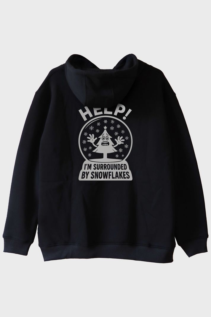Help! I'm Surrounded by Snowflakes İronik Tasarım Baskılı Siyah Hoodie arka görsel