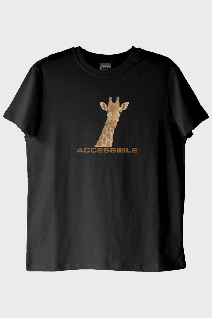 Accessible Zürafa İllüstrasyonlu Baskılı Siyah Tişört ön görsel